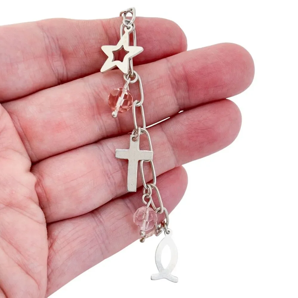 Vintage Sterling Silver 925 Religious Pink Crystal Charm Bracelet 7